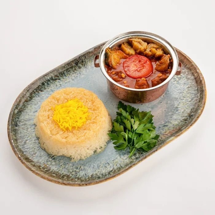 Chelo Khoresh-e Gheymeh Bademjan