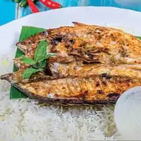 سمك مشوي مع الأرز والسلطة
